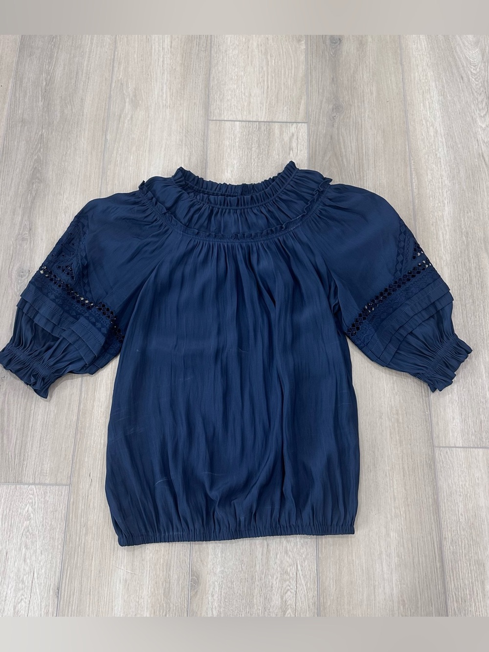 Ramy Brook puff sleeve open crochet top navy blue small
